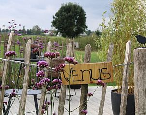 Ingang van Vakantiehuisje in Toldijk, Gelderland met houten bord en bloemen.
