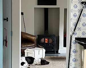 Knusse zithoek met open haard in vakantiehuisje in Neerijnen, ideaal voor koude avonden in het Rivierengebied.