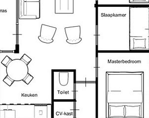Plattegrond van Vakantiehuisje in Winterswijk, met overzicht van kamers en terras.