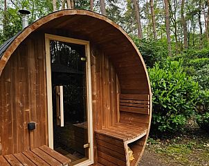 Holzsauna im Garten von Cottage in Winterswijk, Ferienhaus in Achterhoek, Gelderland.