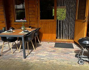 Gezellig terras bij Vakantiehuis in Winterswijk, Achterhoek, met houten tafel en barbecue voor een ontspannen verblijf in Gelderland.