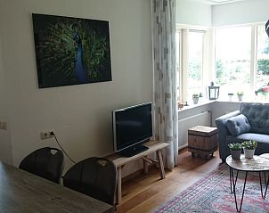 Moderne zithoek in Huisje in Barchem, vakantiehuis in Barchem, met televisie en uitzicht op de groene omgeving.