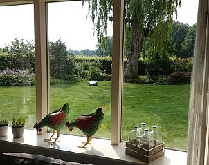 Uitzicht vanuit het raam van Huisje in Barchem, vakantiehuis in Gelderland, met groene tuin en decoratieve elementen.