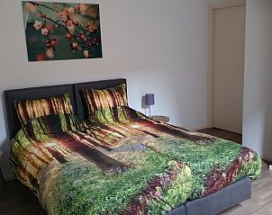 Slaapkamer in Huisje in Barchem, vakantiehuis in de Achterhoek, met tweepersoonsbed en bosachtig beddengoed.