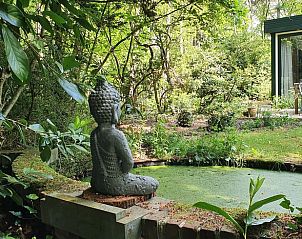 Rustieke vijver met Boeddha-beeld in de tuin van Vakantiehuis in Barchem, Achterhoek, Gelderland.