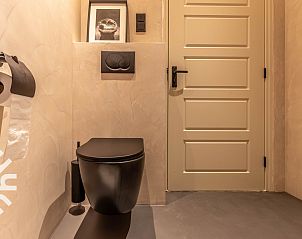 Moderne badkamer in DG1611 vakantiehuis Heelweg, Achterhoek met natuurstenen wastafel.