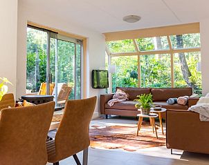 Gezellige woonkamer van Vakantiehuisje in Zelhem, Achterhoek, met uitzicht op de natuur door grote ramen en comfortabele zithoek.