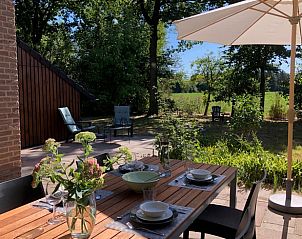 Gezellig terras bij Vakantiehuis in Zelhem, perfect voor buiten dineren in de natuurlijke omgeving van de Achterhoek, Gelderland.