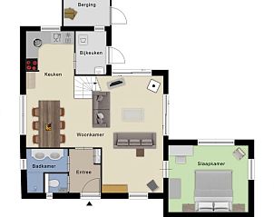 Plattegrond van Vakantiehuis in Zelhem, Achterhoek, Gelderland met ruime woonkamer, moderne keuken en comfortabele slaapkamer.