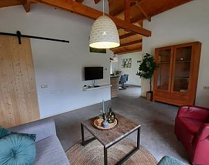 Woonkamer met houten accenten in Vakantiehuisje in Zelhem, omgeven door natuur.