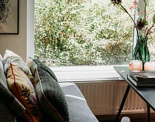 Zithoek in vakantiehuis in Lochem met kleurrijke kussens en natuurzicht.