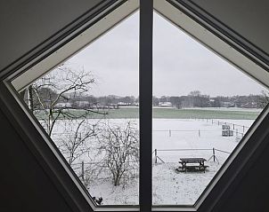 Winterlandschap gezien vanuit Vakantiehuisje in Lochem, met besneeuwde velden in de Achterhoek, Gelderland.