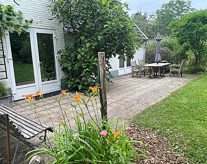 Terras van Vakantiehuis in Lochem met bloemen en uitzicht op de natuur in de Achterhoek, Gelderland.