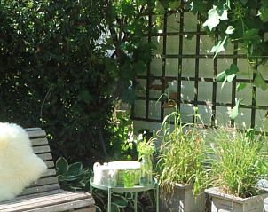 Knusse zithoek buiten bij Vakantiehuis in Lochem met groene planten in de Achterhoek, Gelderland.