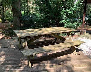 Picknicktafel op het terras van Vakantiehuis in Harfsen, ideaal voor zonnige dagen in Gelderland.