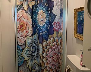 Kleurrijke douchegordijn in de badkamer van Vakantiehuis in Harfsen, Achterhoek.