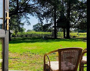 Terras van Huisje in Haarlo met uitzicht op het groene landschap, vakantiehuis in Haarlo, Achterhoek, Gelderland.