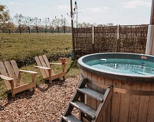 Buitenjacuzzi met uitzicht op groene velden bij Vakantiehuisje in Haarlo, Achterhoek, Gelderland.