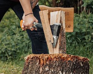 Hout hakken voor een kampvuur bij Vakantiehuisje in Haarlo, Achterhoek, Gelderland.