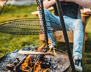Ontspannen bij kampvuur met grill bij Vakantiehuisje in Haarlo, Achterhoek, Gelderland voor een gezellige ervaring.
