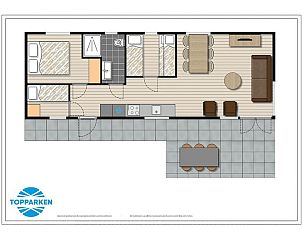 Plattegrond van Holiday home 6 personen in Lichtenvoorde, Achterhoek met indeling van kamers en terras.