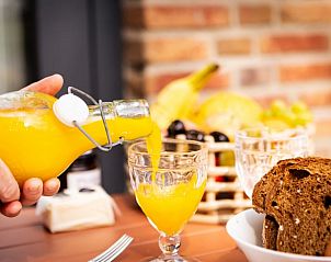 Vers sinaasappelsap op het terras van Vakantiehuisje in Neede, Achterhoek, genieten van een gezond ontbijt.