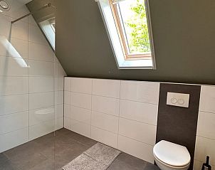 Moderne badkamer met dakraam in Huisje in Neede, vakantiehuis in de Achterhoek, Gelderland.