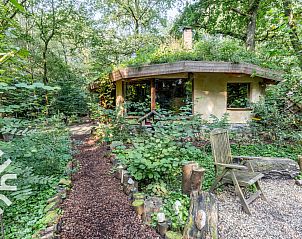Slaapkamer van vakantiehuis DG1417 in Neede, Achterhoek met houten plafond en uitzicht op groene omgeving.