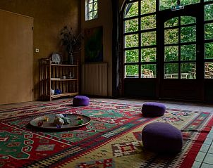 Ontspannen binnenruimte van Huisje in Neede, vakantiehuis in de Achterhoek, Gelderland, met kleurrijk tapijt en uitzicht op de groene natuur.