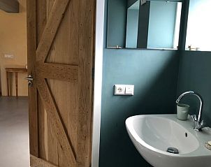 Huisje in Almen, vakantiehuis in de Achterhoek, Gelderland. Elegante badkamer met houten elementen en ruime wastafel.