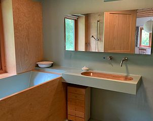 Moderne badkamer in Vakantiehuis in Almen met houten elementen, gelegen in de Achterhoek, Gelderland.