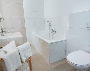 Moderne badkamer in Huisje in Winterswijk Woold, vakantiehuis in de Achterhoek, met bad en wastafel.