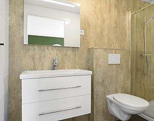 Moderne badkamer in De Vlinderhoeve bungalow in Kring van Dorth met ruime douche.