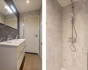 Modernes Badezimmer im Ferienhaus Belverdere fr 6 Personen in Beekbergen, Veluwe, Gelderland, mit luxuriser Dusche und Doppelwaschbecken.