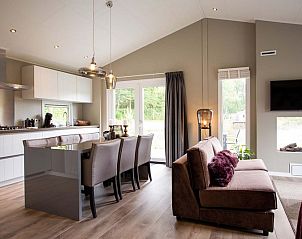 Spacious living room and kitchen in Leijhoeve 6 persons Wellness, Beekbergen, Veluwe, with dining area and cozy sitting area.