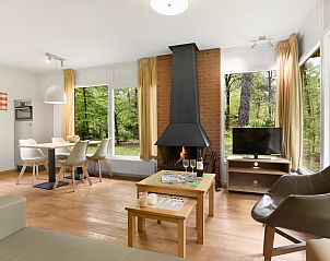 Modern ingerichte woonkamer met open haard in Heideheuvel 4-persoons kinderbungalow, Beekbergen, Veluwe, Gelderland.