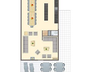 Plattegrond van Heideheuvel reuniebungalow, Beekbergen, Veluwe met indeling van woon- en eetruimtes.