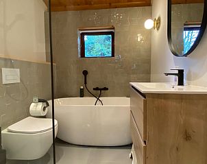 Modern bathroom in Holiday home in Beekbergen, Veluwe, with bathtub and natural elements in Gelderland.