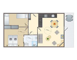 Plattegrond van Heideheuvel 4-persoons bungalow in Beekbergen, Veluwe, met overzicht van kamers en indeling.