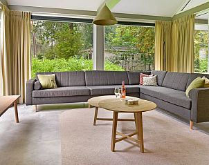 Moderne woonkamer in Heideheuvel 8-persoons bungalow, Beekbergen Veluwe, met uitzicht op de natuur.