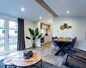 Open leefruimte in Luna vakantiehuis, Ede, Veluwe, met keuken en zithoek.