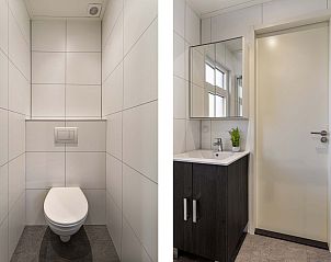 Moderne badkamer van Module Exclusief vakantiehuis in Ede, Veluwe, Gelderland, met toilet en wastafel.