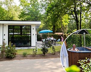 Module Special 4 personen Wellness in Ede, Veluwe met hottub op het terras omringd door groene natuur.