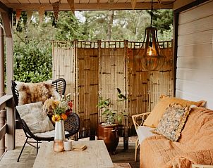 Gezellige veranda van Vakantiehuis in Emst, Veluwe, Gelderland biedt een rustgevend uitzicht op de natuur met comfortabele zitruimte.