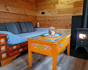 Knusse woonkamer in Huisje in Emst met kleurrijke meubels en houtkachel, perfect voor gezellige avonden in Veluwe, Gelderland.