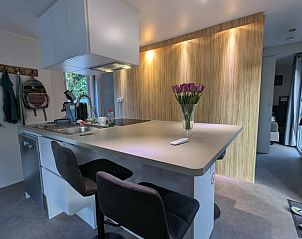 Modern kitchen in Holiday Home in Emst, Veluwe, Gelderland with atmospheric lighting and cozy kitchen island.