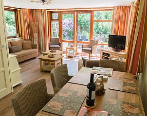 Gezellige woonkamer in Vakantiehuisje in Emst, met uitzicht op de tuin.