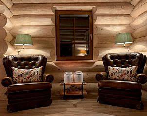 Cozy sitting area in the Holiday Home in Emst, Veluwe. Comfortable leather armchairs and atmospheric lighting in this cozy cottage.