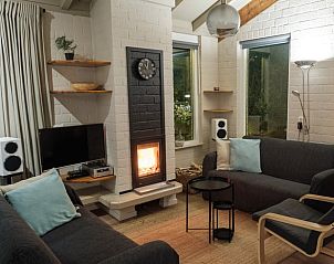 Cozy living room of a cottage in Ermelo, Veluwe, with a cozy fireplace and comfortable seating area, ideal for a relaxing vacation.