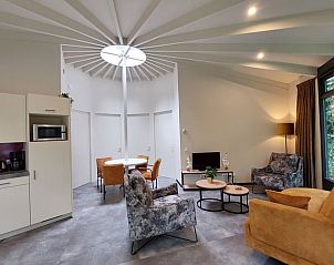 Stylish living room in Holiday Home in Ermelo, Veluwe, Gelderland with modern furnishings and views of nature.